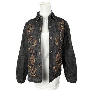 Chico's Black Denim Jacket XS‎ 0 Embroidered Beaded Cropped Boho Western Vintage